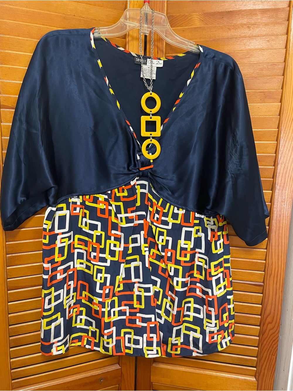 Chloe Navy Geometric-Print Casual Top with Yellow Geo necklace